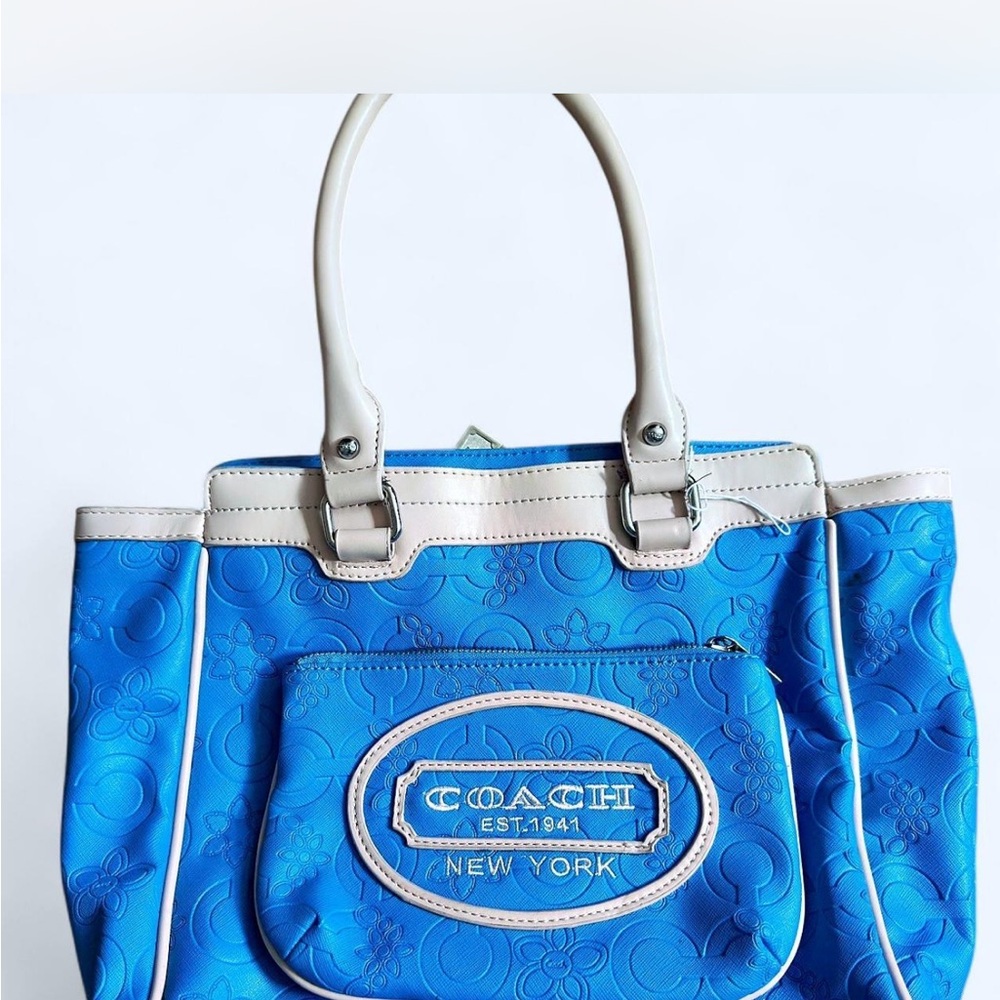 Coach Floral Embossed Blue and Tan Tote Y2K purse/bag/school